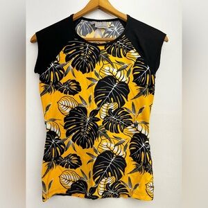 Athleta Tropical Leaf Print Athletic Tee Tank Yellow Black Workout Yoga Stretch